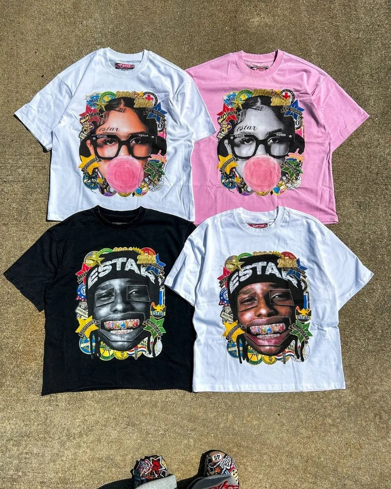 Harajuku Graphic tee – Retro Anime Portrait Print Fashion Short Sleeved Tops Men Y2