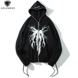 Aolamegs Punk Graphic Print Zipper Ribbon Hooded Hoodie Men Casual Bla