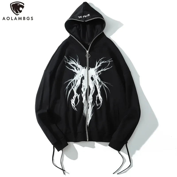 Aolamegs Punk Graphic Print Zipper Ribbon Hooded Hoodie Men Casual Bla