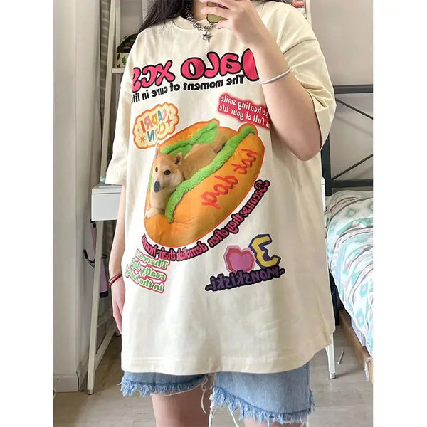 Y2K Graphic Tee – New Apricot American Vintage Creative Animal Hot Dog Cartoon – Modern Streetwear for Everyone