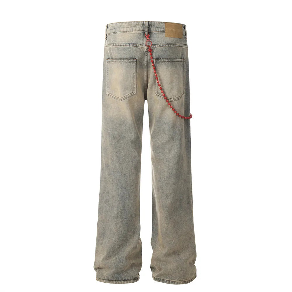 red chain pendant washed vintage jeans men women streetwear fashion hip hop loose casual wide leg denim jeans pants trousers ripped baggy denim