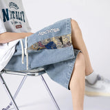 denim shorts mens trendy streetwear washed shorts side embroidery patchwork jeans shorts casual track pants denim street jeans