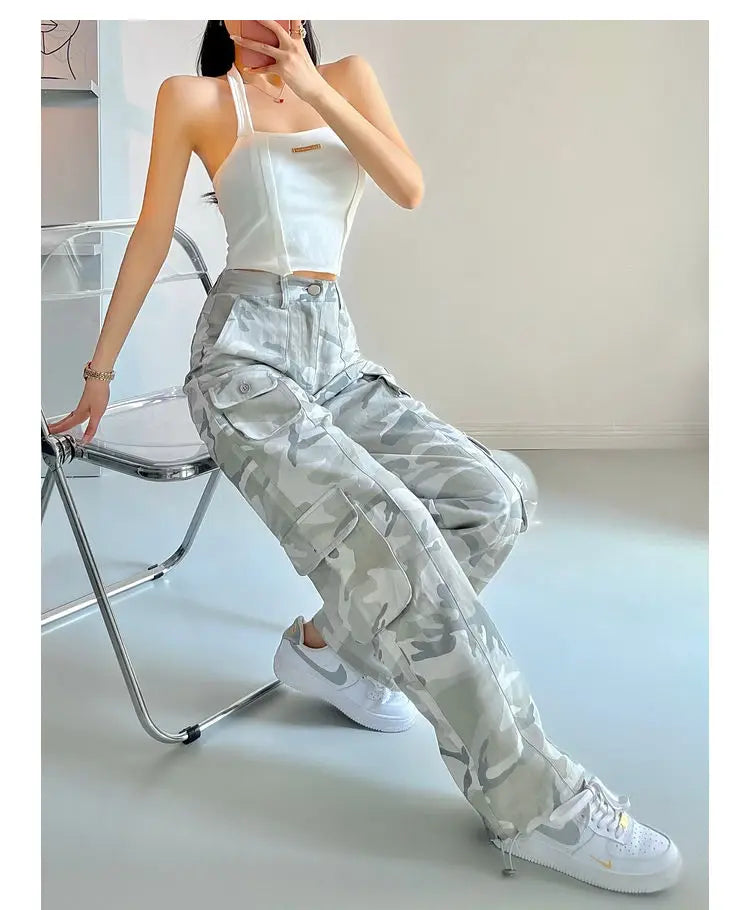 camouflage grey cargo pants women american vintage streetwear straight loose summer hiphop hot pants ins cargo pants womens 2023 unique cargo style 1168