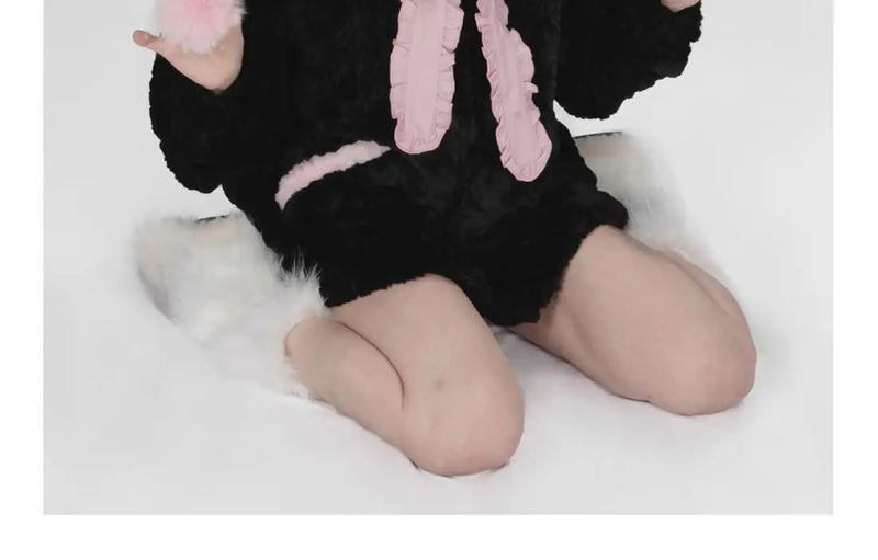 Sadcore Shirt – Harajuku Little Wildcat Hoodies Women Bodysuit Black Tie Bow – Streetwear Fashion for Men & Women