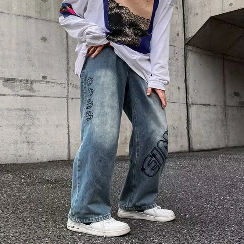 2023 new fashion letter graffiti brown hip hop men baggy jeans pants y2k clothes straight vintage denim trousers pantalon homme ripped baggy denim