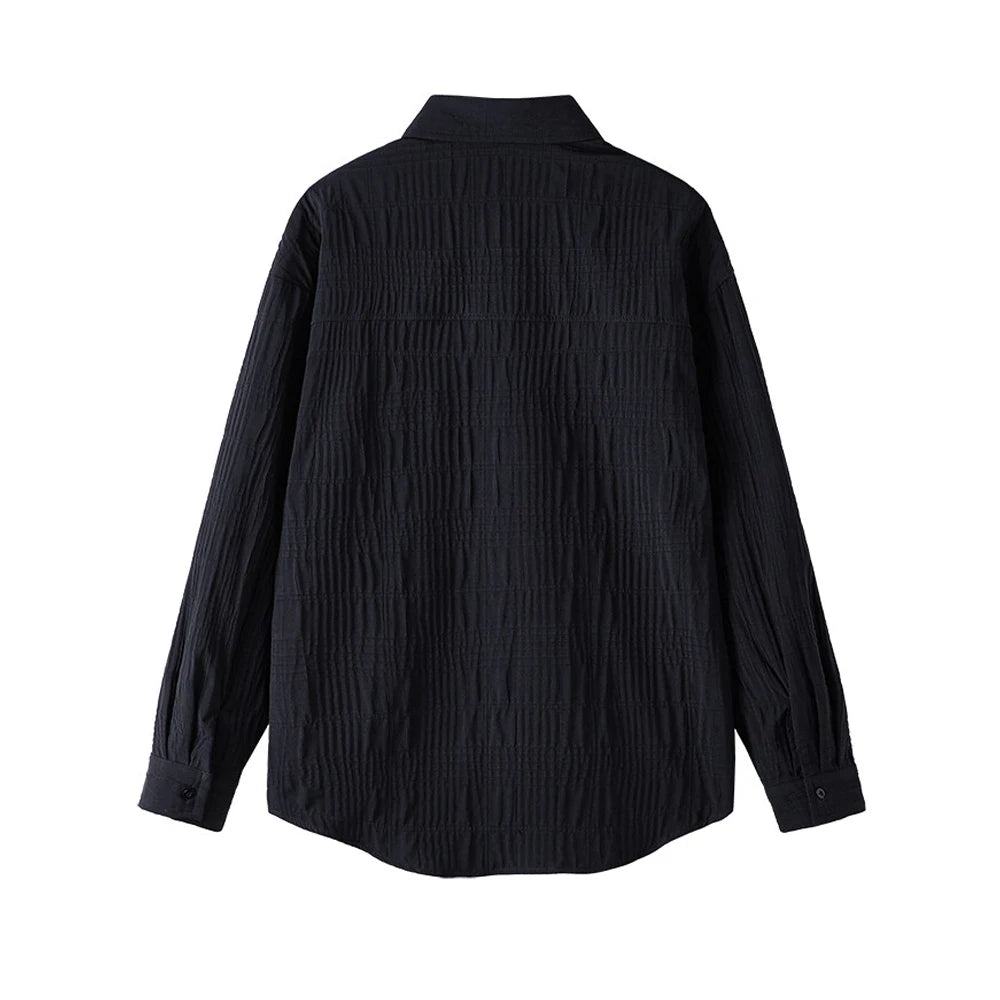 Wrinkled Fabric Casual Long Sleeve Shirt Men and Women Solid Color Streetwear Fashion Loose Black White Shirts Oversize Blouses
