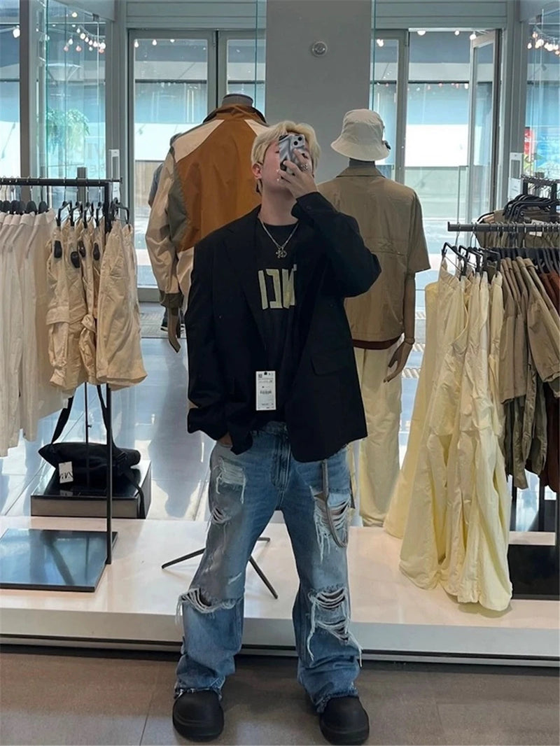 vintage ripped flared jeans blue straight baggy jeans trousers streetwear luxury loose casual distressed denim pants male unique jeans style 596