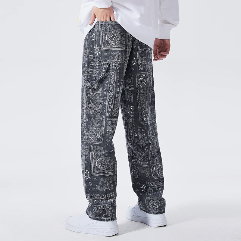 mens hip hop straight denim jeans pants fashion zipper paisley jeans streetwear casual loose trousers pants joggers baggy jeans unique joggers style 2805