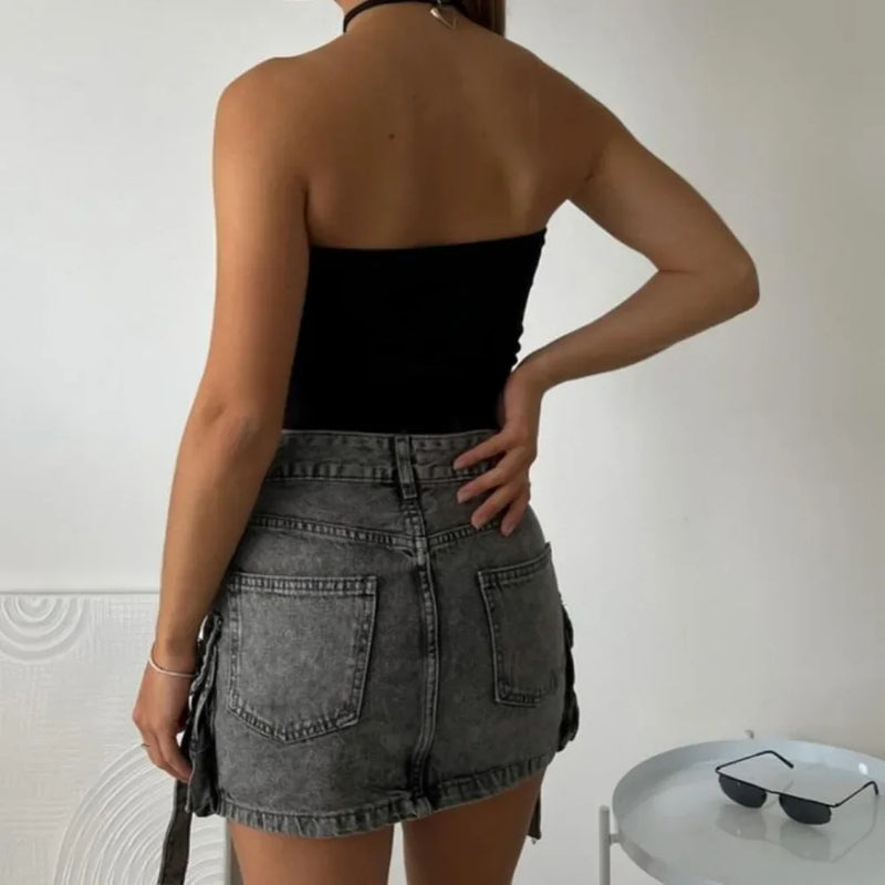Vintage Y2K New Harajuku Multiple Pockets Denim Plaid Skirt Goth Black Mini Skir Fashion Womens Casual Versatile Sexy Streetwear