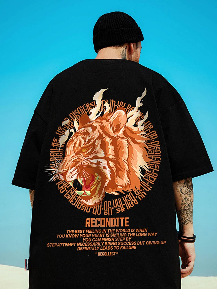 Anime Tribal flames – Mens Summer Tiger Head Print T Shirts 2025 Japanese Oversize
