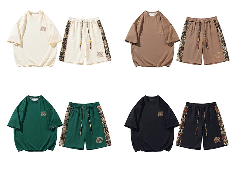 Summer New 4Colors Men Sets Casual Short-sleeved O-neck Tshirt Side Embroidery Knee-length Trousers Fashion Street Men Suits
