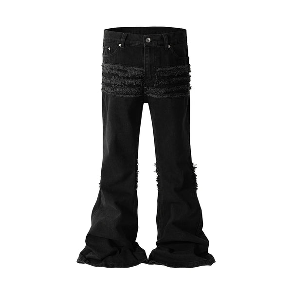 y2k streetwear trendy oversized micro flare jeans black ro hip hop washed tassel distressed denim jean raw edge mens wide pants vintage washed jeans