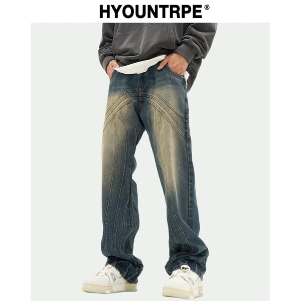 mens retro washed denim jeans loose straight pants 2023 new fashion streetwear trousers hip hop casual zipper jean pants joggers urban active pants