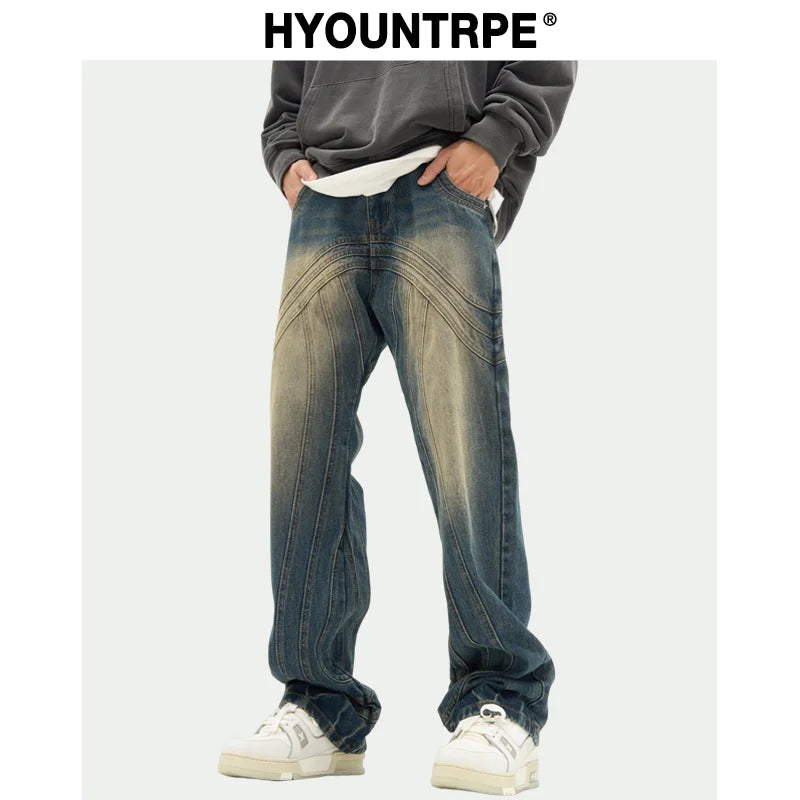 mens retro washed denim jeans loose straight pants 2023 new fashion streetwear trousers hip hop casual zipper jean pants joggers urban active pants