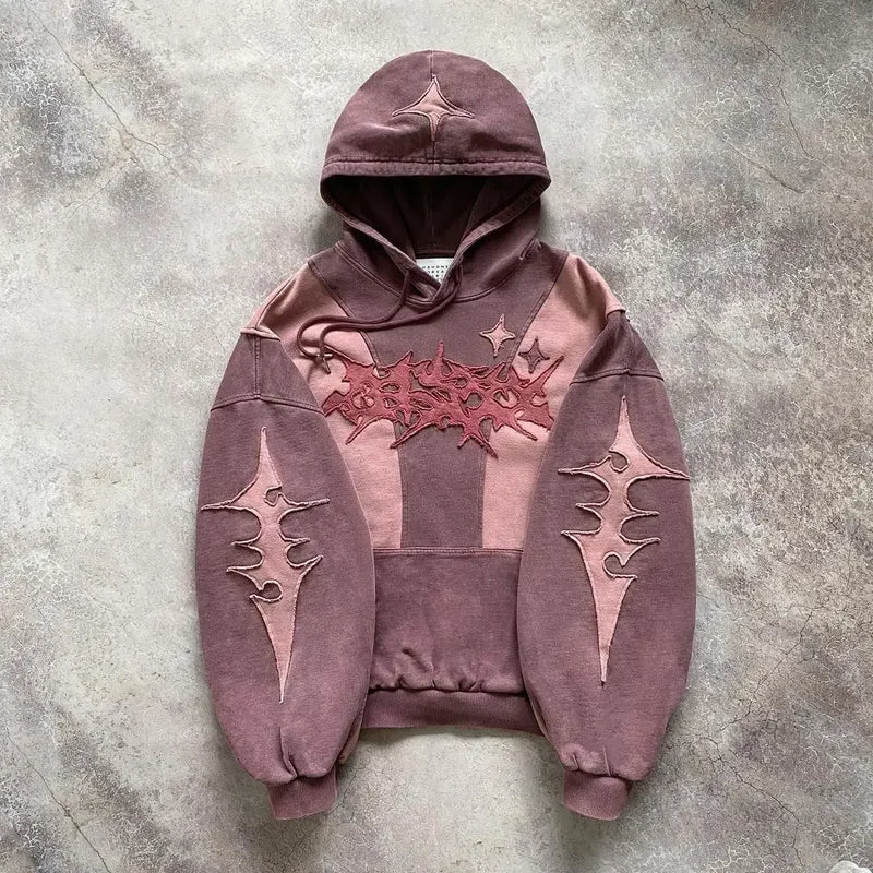 Vaporwave Drop – Y2K Patch Design Loose Zip Hoodies For Men Geometric Pattern – Streetwear Fashion for Men & Women