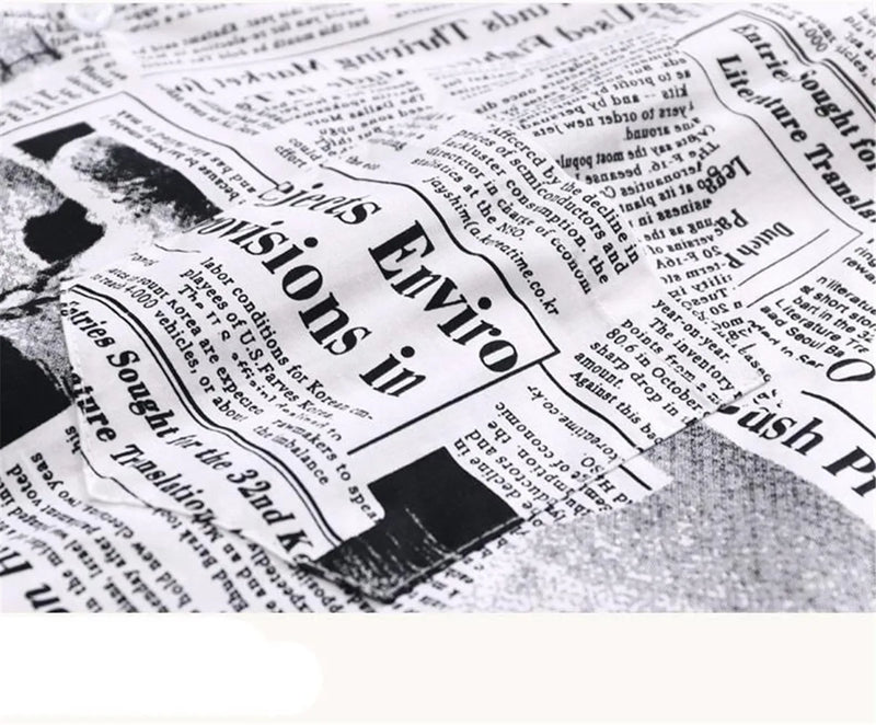 Cool Newspaper Print Shirt Men Gothic Oversize Shirts Japan Funny Shirts Long Sleeve Loose INS Tops Summer Punk Harajuku Shirt