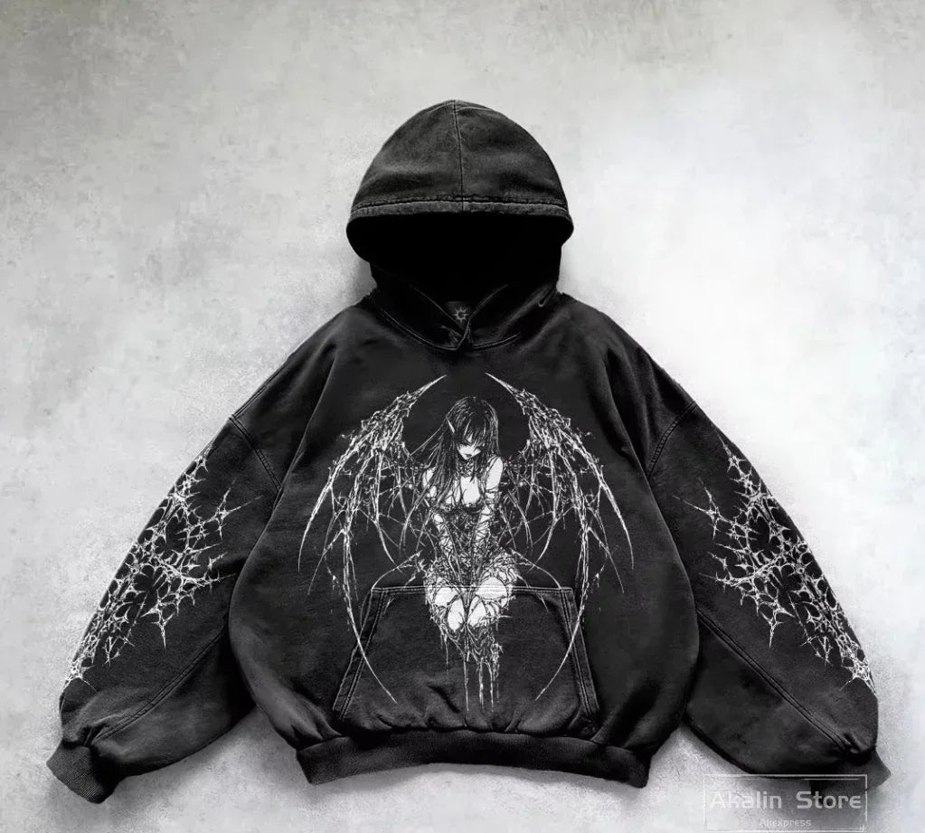Harajuku Cotton Thick Material Gothic Angel Hoodie Women Super Large H
