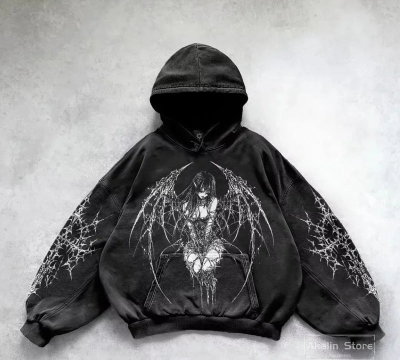 Harajuku Cotton Thick Material Gothic Angel Hoodie Women Super Large H