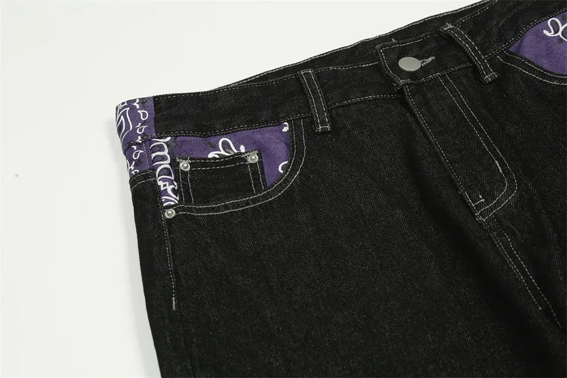 y2k retro sanskrit black jeans street casual pants punk male hip hop print loose harajuku mens straight pants ins hot sale unique jeans style 4781