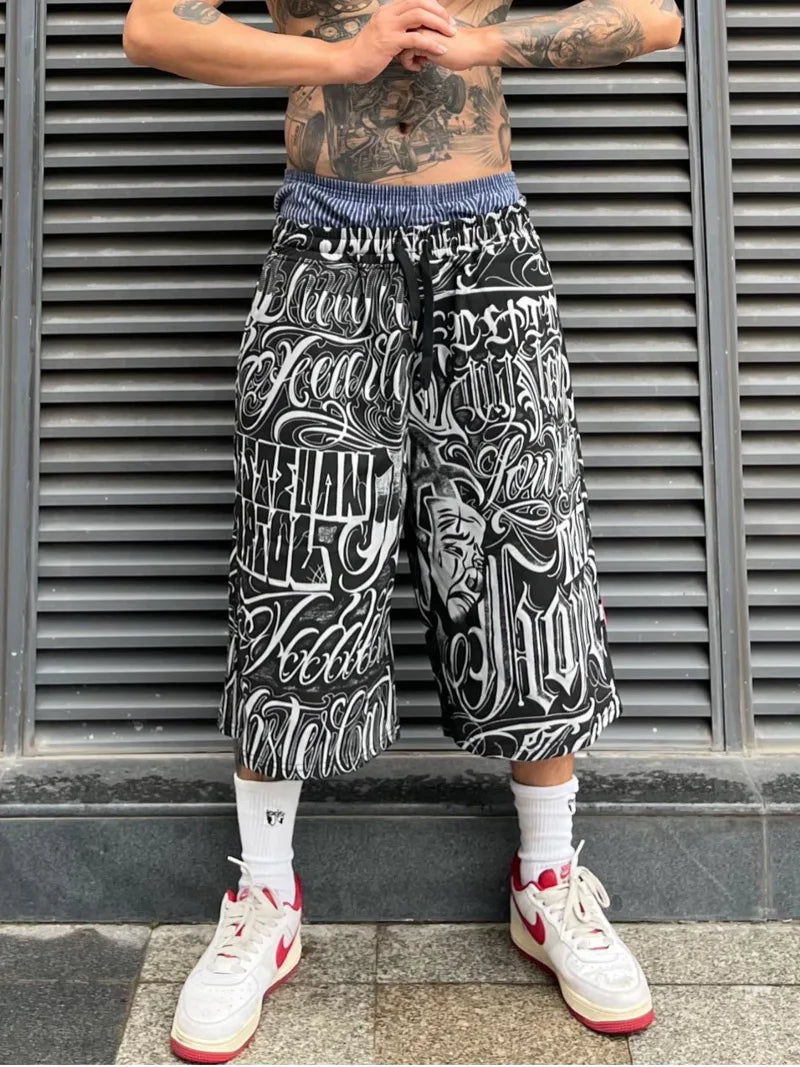 hip hop sweatpants mens pants streetwear harajuku printed drawstring capris pants fashion loose trousers casual baggy joggers unique joggers style 2610