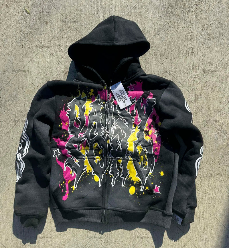 Gothic Punk Trend Pattern Printed Oversize Hoodie Men's 2023 New Street Hip-Hop Versatile Loose Pullover Sweatshirt Women's
