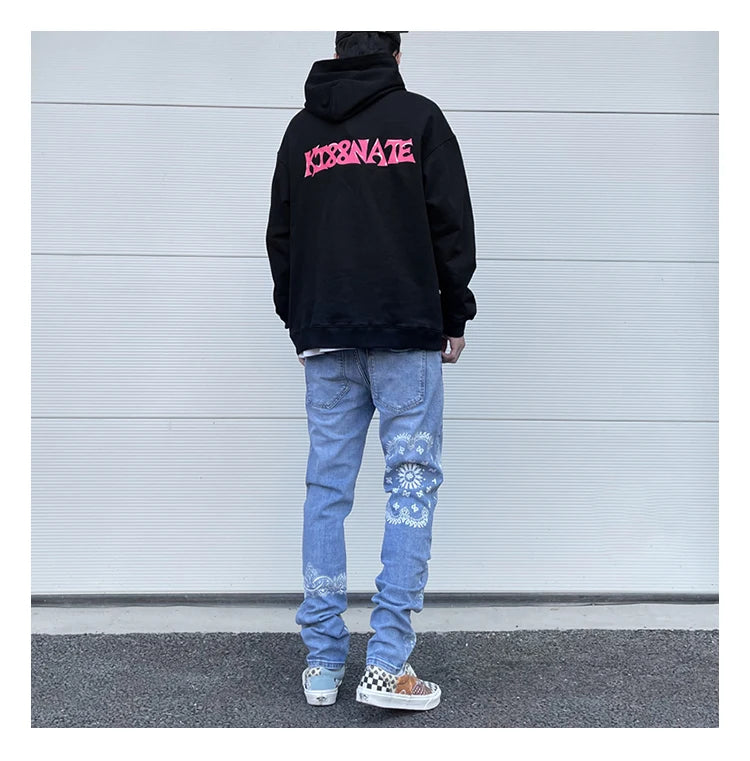 mens high street paisley print denim jeans casual hip hop distressed jeans slim fit skinny denim pants joggers streetwear men unique joggers style 1237