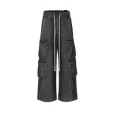 ro style ribbons wide leg multi pockets smoke grey baggy jeans for men straight pantalones hombre drawstring denim trousers unique jeans style 1192