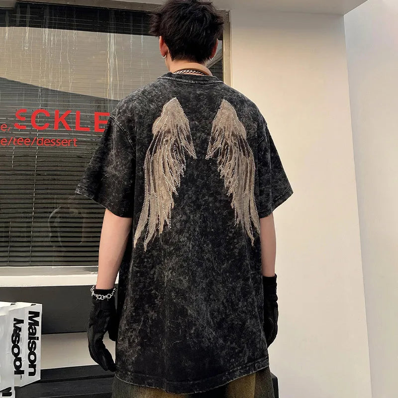 Vaporwave Broken heart – Men Retro T Shirts Rhinestone Wing Washed Short Sleeve T Shi