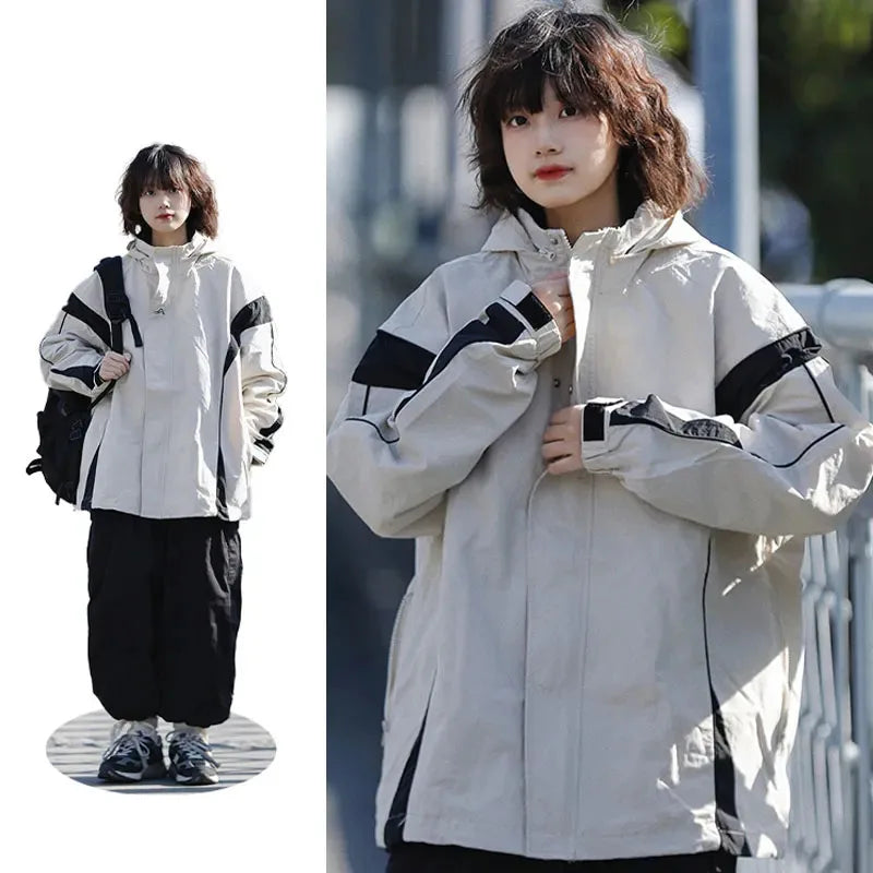 outdoor sports coat set new unisex couple 2 piece set casual hooded windbreaker big pocket wide leg workwear pants suits urban fashion pants