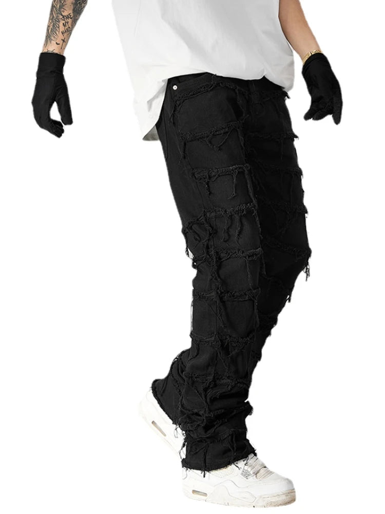 destroyed ripped pieced patchwork denim jean pants casual straight biker trousers mens fashion y2k hip hop streetwear joggers streetwear sweatpants