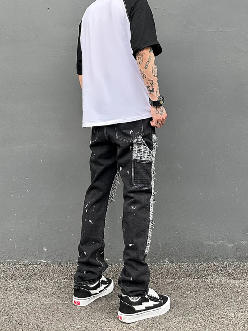 ripped holes patchwork denim jeans mens high street zipper straight jeans hip hop streetwear casual loose joggers jeans pants streetwear sweatpants
