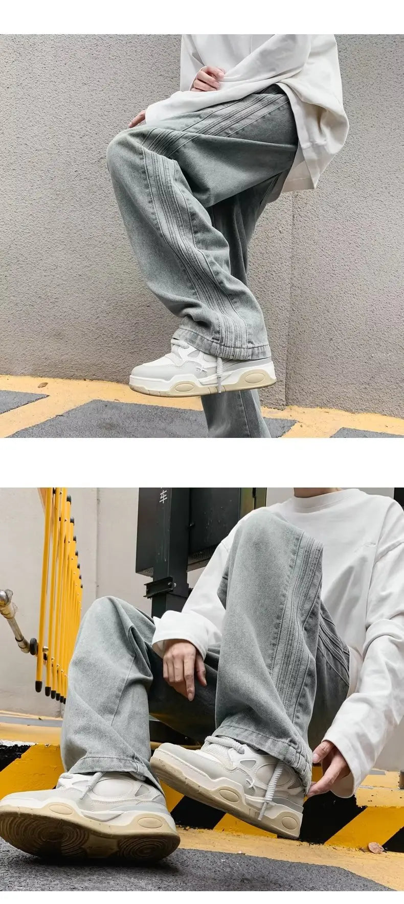 men jeans straight leg jeans boys american fashion wash old side stripes wide leg pants autumn vintage overalls unique jeans style 3912