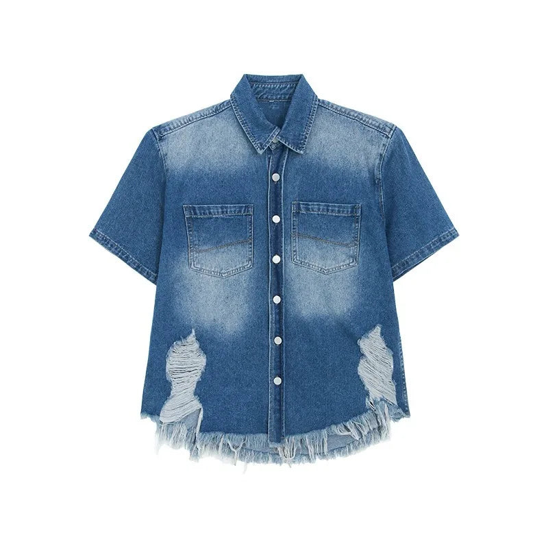 fashion high street mens set 2024 multi pocket short sleeved denim shirt casual straight leg pants 2 pcs set summer suit unisex unique jeans style 4503