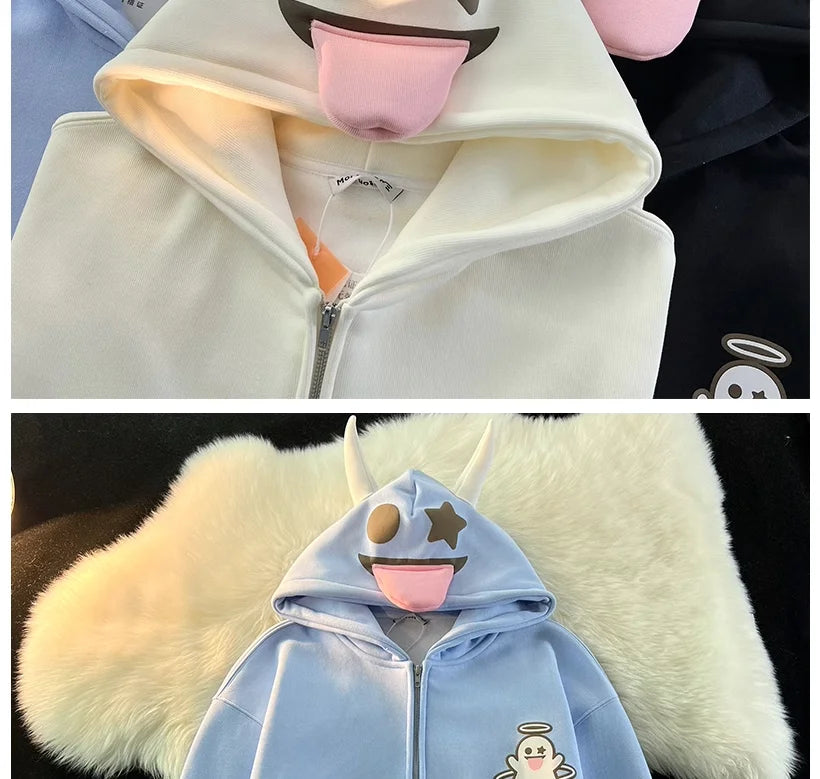 Japanese Devils Corner Hoodie Womens Couple Loose Gothic Winter Clothing Plush Hoodie