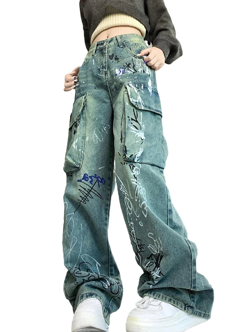 graffiti printed denim jeans unisex side pocket straight cargo jean trousers hip hop streetwear casual loose joggers jeans pants unique joggers style 3702