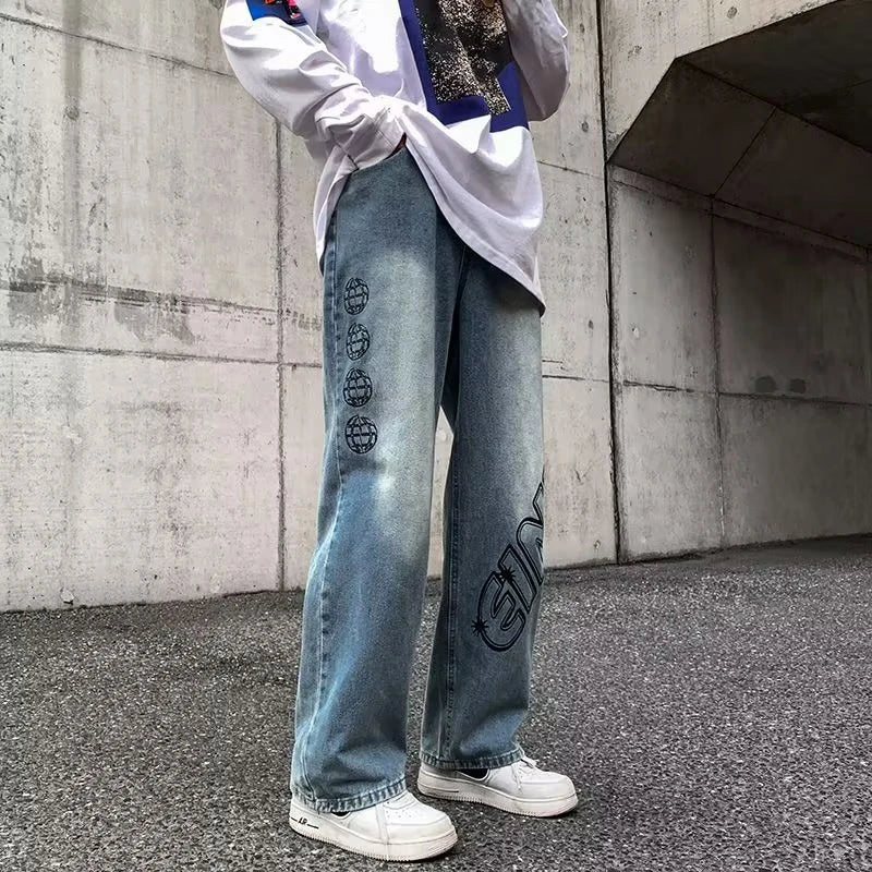 2023 new fashion letter graffiti brown hip hop men baggy jeans pants y2k clothes straight vintage denim trousers pantalon homme unique jeans style 5808