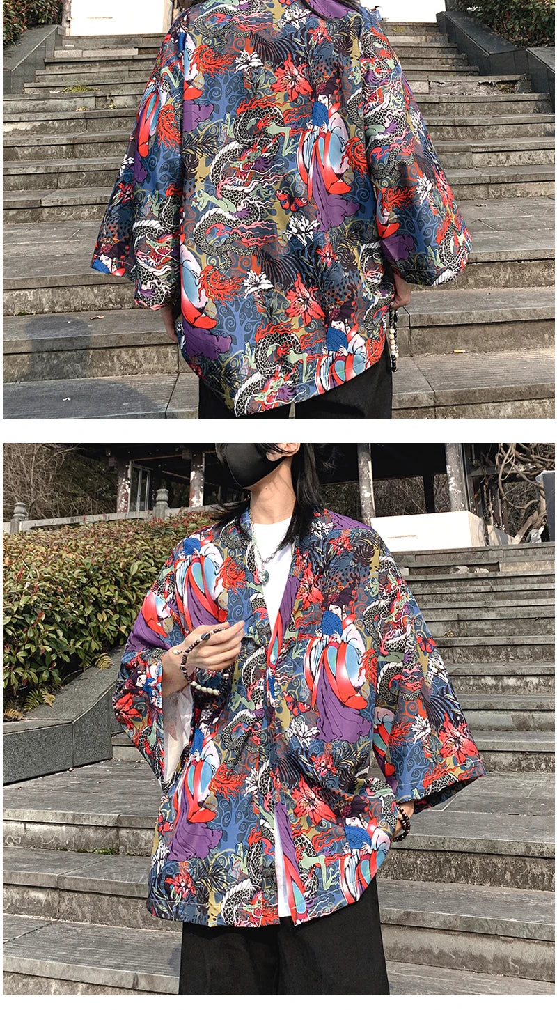 Japanese Style Men's Lightweight Kimono Jacket Dragon Print Kimono Cardigan New Arrival Street Shirt Harajuku Kimono Couple Tops