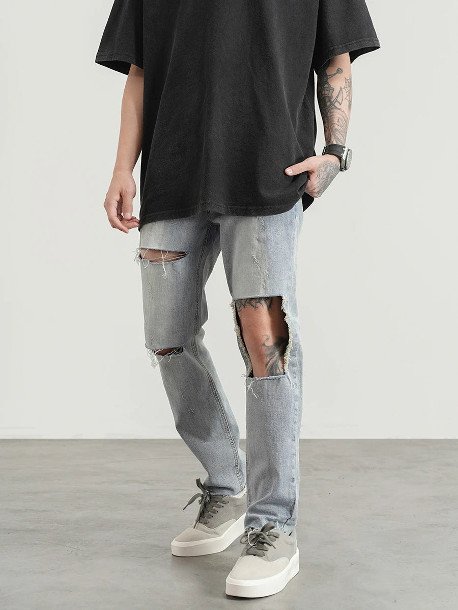 destroied big holes ripped denim jeans mens distressed biker jeans fashion high street slim straight pants streetwear joggers unique joggers style 1369