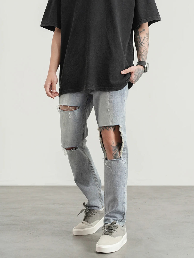 destroied big holes ripped denim jeans mens distressed biker jeans fashion high street slim straight pants streetwear joggers unique joggers style 1369