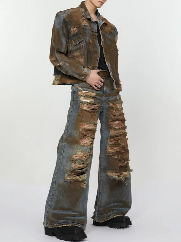 2 pieces sets mens dirty graffiti wide shouder denim jeans jacket coat and ripped holes wide legs pants joggers streetwear sets streetwear sweatpants