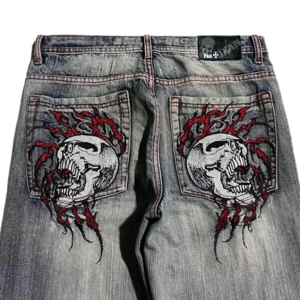 goth hip hop oversized skull embroidery pattern y2k baggy jeans new men and women straight black jeans retro casual denim pants unique jeans style 915