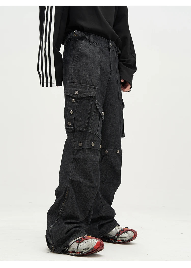 punk rivet denim jeans pants mens 2023 harajuku streetwear bottom zipper cotton casual oversize joggers straight pants trousers unique joggers style 4473