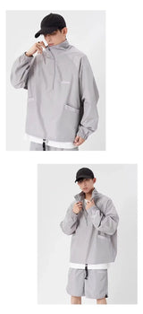 quick drying two piece set men loose casual street sweatshirt shorts y2k stand collar casual loose lightweight suits american unique shorts style 492