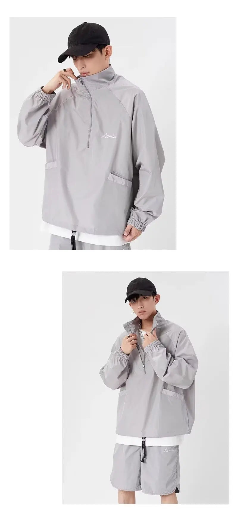 quick drying two piece set men loose casual street sweatshirt shorts y2k stand collar casual loose lightweight suits american unique shorts style 492