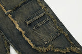 streetwear heavy craft washed distressed faded jeans flare slim straight tassel jeans for men and women raw edge denim pants unique jeans style 673