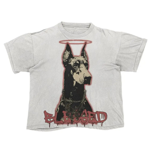 Gothic Graphic tee – New Gothic Sacred Wolf Dog Letter Printed Large Pattern T Sh