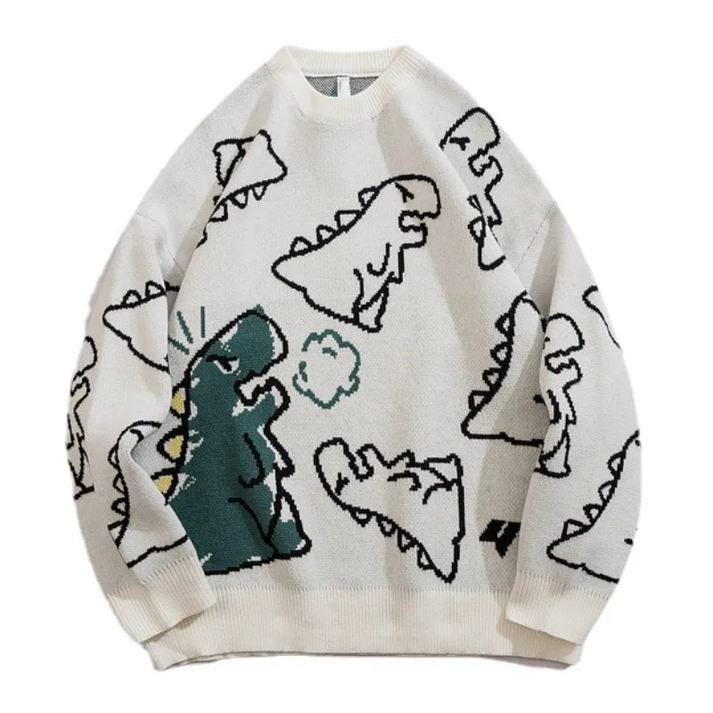 fashion knitted sweater autumn winter o neck dinosaur pattern pullover streetwear unisex casual loose sweaters jumper knitwears urban wear with bold artwork, aesthetic street look hoodie, Y2K vintage urban hoodie