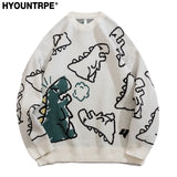 fashion knitted sweater autumn winter o neck dinosaur pattern pullover streetwear unisex casual loose sweaters jumper knitwears urban wear with bold artwork, aesthetic street look hoodie, Y2K vintage urban hoodie