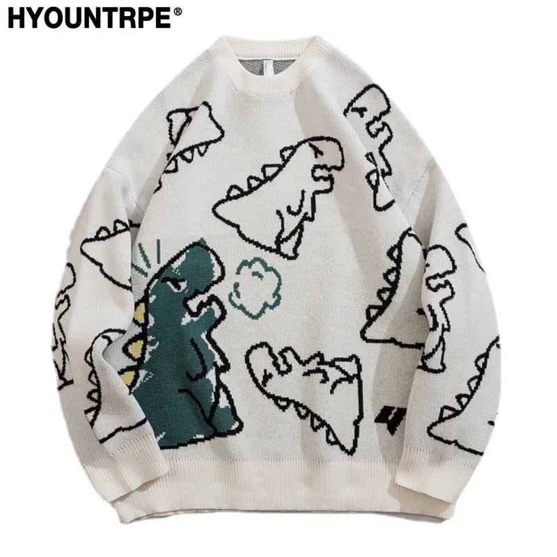 fashion knitted sweater autumn winter o neck dinosaur pattern pullover streetwear unisex casual loose sweaters jumper knitwears urban wear with bold artwork, aesthetic street look hoodie, Y2K vintage urban hoodie