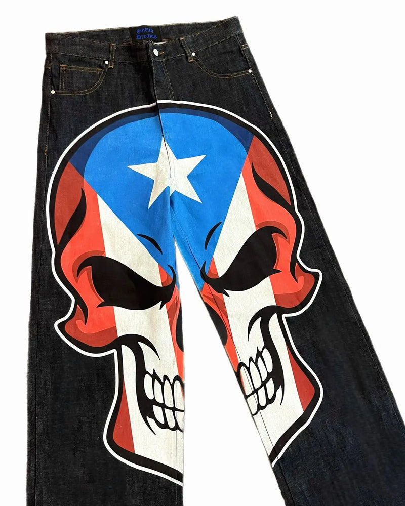harajuku retro jeans skull print loose slouchy jeans men women y2k pants gothic skateboard pants streetwear hip hop jeans urban skinny jeans